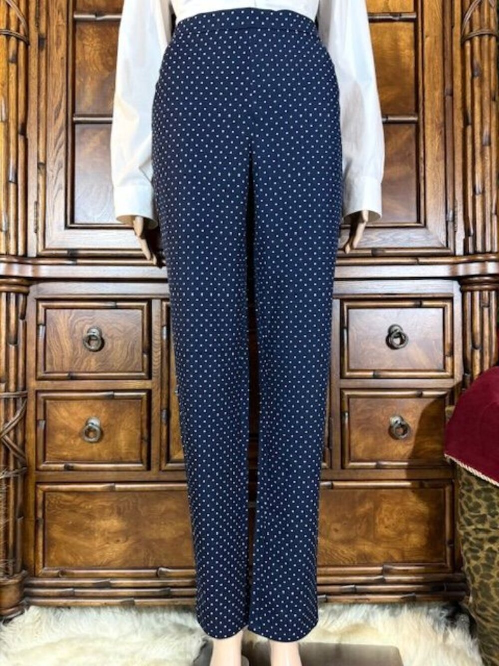 Isaac Mizrahi Live! Navy White Polka Dot Cotton Blend Stretch Tapered Pant